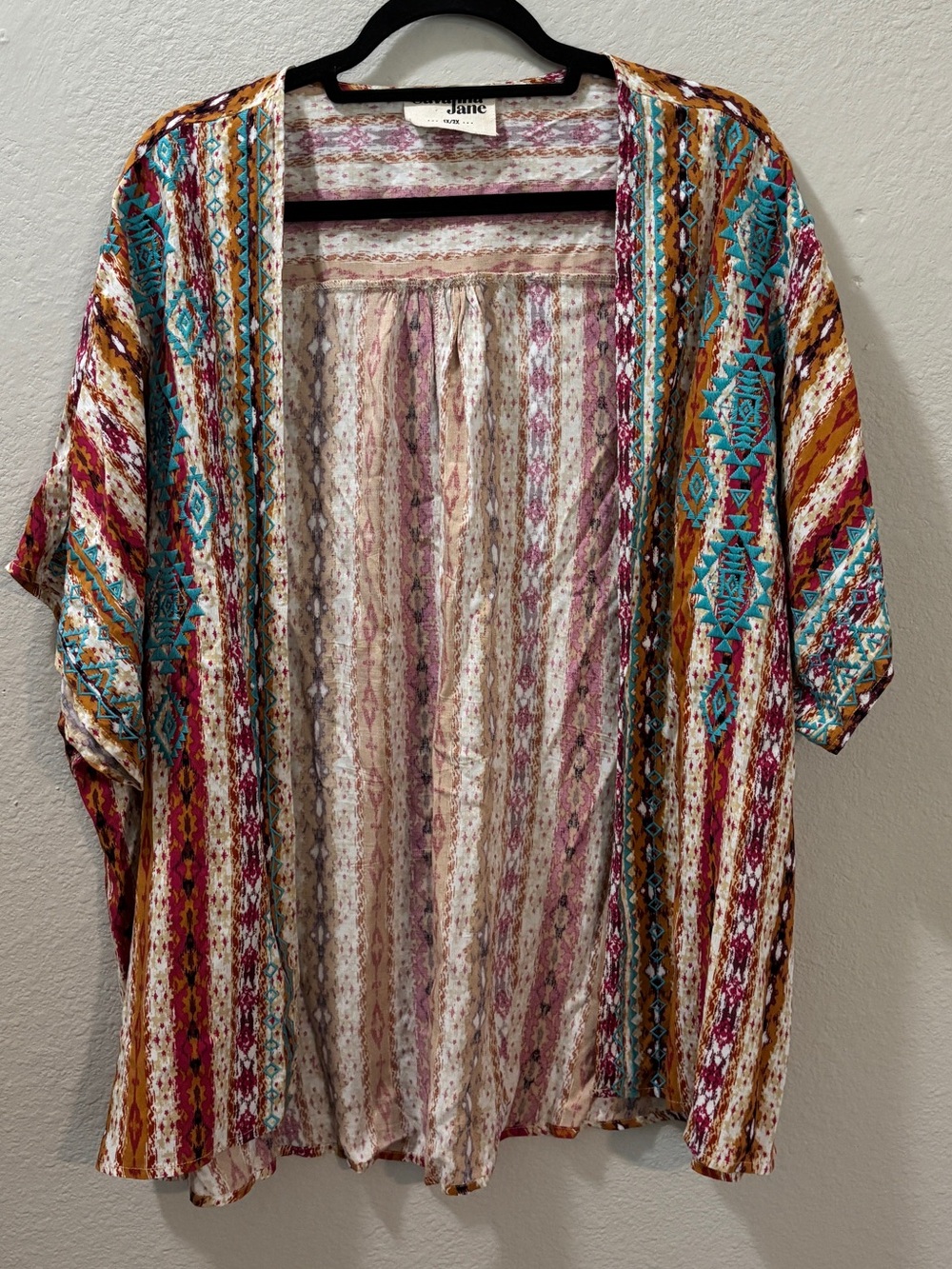 Savanna Jane Boho Embroidered Aztec Print Kimono Cardigan Size 1X/2X